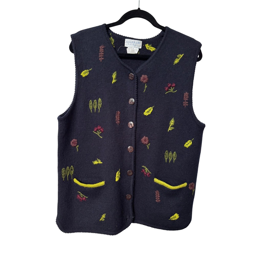 Vintage Rainbow Bridge Navy Wool Embroidered Floral Botanical Sweater Vest M